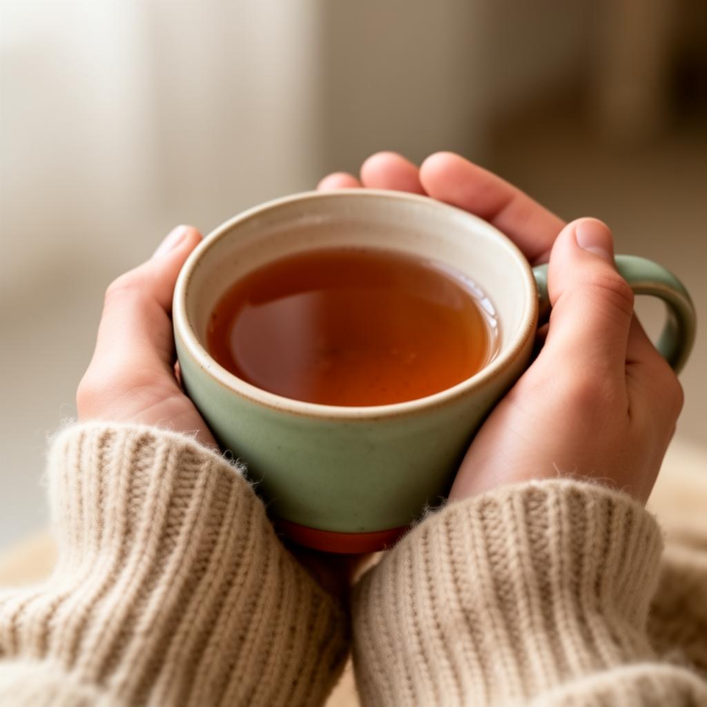 Manos sosteniendo una taza cálida — calidez y acompañamiento